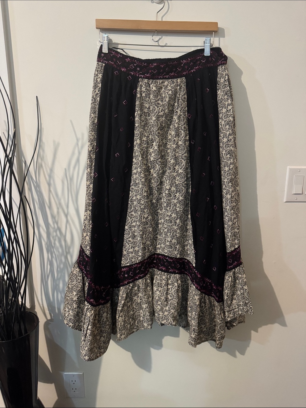 Temperance Bohemian Black & Cream Patterned Maxi Skirt with Pink Accents